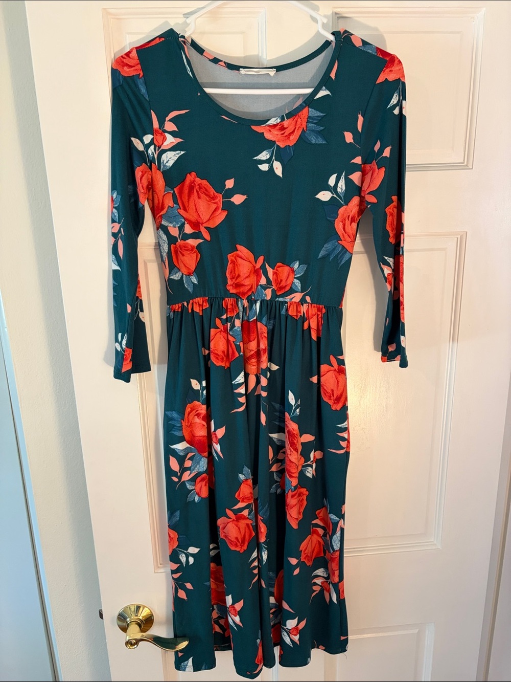 Soft Teal Floral Midi Dress with Red Rose Print